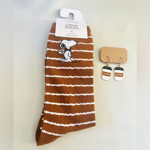 Maurices Snoopy and Coffee Themed Socks with Coffee Cup Dangle Earrings - Picture 6 of 6